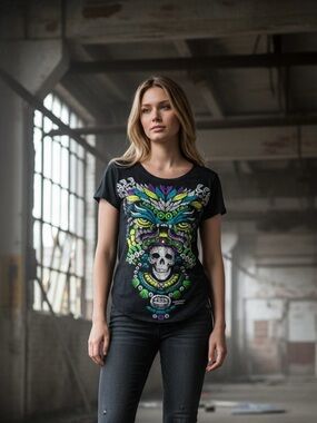 Women's Black Graphic Skull Tee with Multicolor Tribal Print